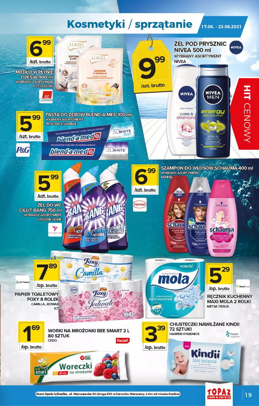 Gazetka promocyjna Topaz - Gazetka - ważna 17.06 do 23.06.2021 - strona 19 - produkty: Chusteczki, Cillit Bang, Kindii, Luksja, Nivea, Papier, Pasta do zębów