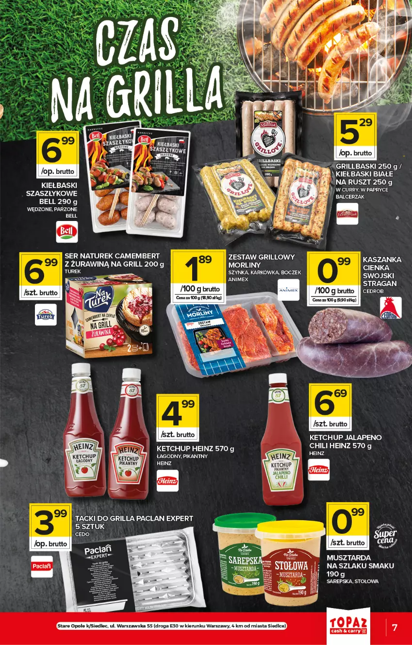 Gazetka promocyjna Topaz - Gazetka - ważna 17.06 do 23.06.2021 - strona 7 - produkty: Bell, Boczek, Camembert, Grill, Heinz, Kasza, Kaszanka, Ketchup, Kiełbaski białe, LG, Morliny, Mus, Musztarda, NaTurek, Ser, Szynka