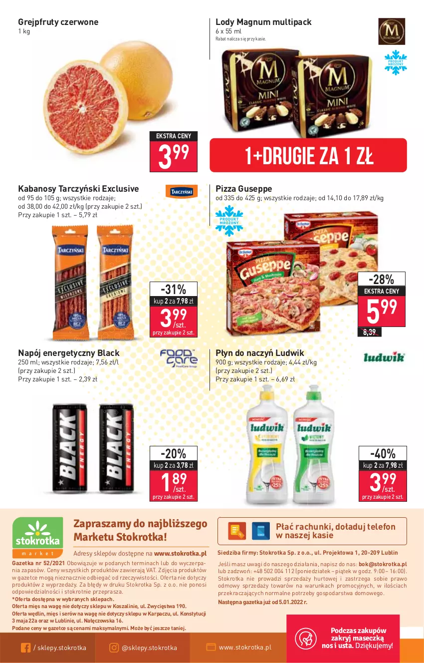 Gazetka promocyjna Stokrotka - Market - ważna 29.12.2021 do 04.01.2022 - strona 12 - produkty: Grejpfrut, Kabanos, Karp, Kosz, Lack, Lody, Ludwik, Napój, Napój energetyczny, O nas, Pizza, Ser, Szal, Tarczyński, Telefon, Wagi