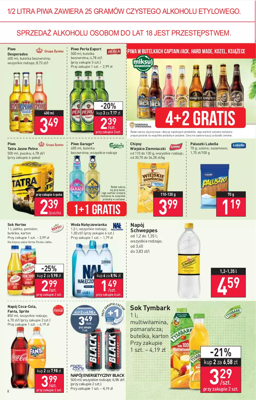 Gazetka promocyjna Stokrotka - Market - ważna 29.12.2021 do 04.01.2022 - strona 8 - produkty: Bell, Bella, Captain Jack, Chipsy, Coca-Cola, Desperados, Fa, Fanta, Gra, Hortex, Kozel, Lubella, Nałęczowianka, Napój, Perła, Piwa, Piwo, Por, Schweppes, Sezam, Sok, Sprite, Tatra, Tymbark, Woda