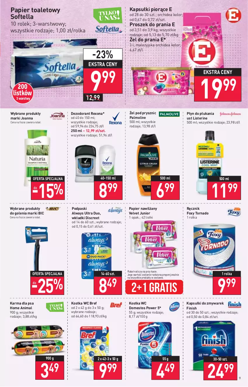 Gazetka promocyjna Stokrotka - Market - ważna 29.12.2021 do 04.01.2022 - strona 9 - produkty: Always, Always Ultra, BIC, Bref, Dezodorant, Discreet, Domestos, Finish, Foxy, Gra, Joanna, Listerine, Palmolive, Papier, Papier toaletowy, Płyn do płukania, Podpaski, Por, Proszek do prania, Ręcznik, Rexona, Velvet, Wkładki