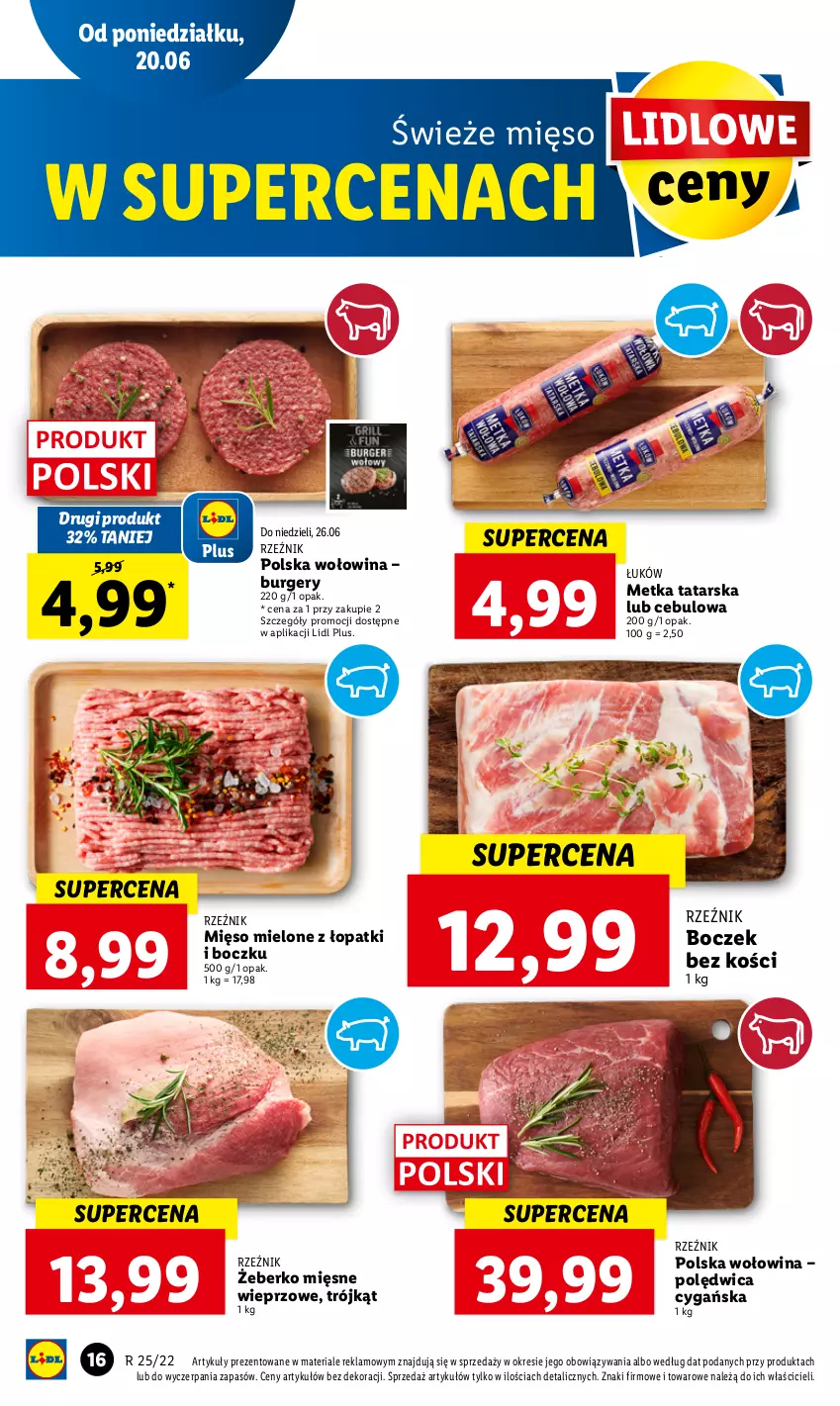 Gazetka promocyjna Lidl - GAZETKA - ważna 20.06 do 22.06.2022 - strona 16 - produkty: Boczek, Boczek bez kości, Burger, Metka tatarska, Mięso, Mięso mielone, Polędwica, Wołowina