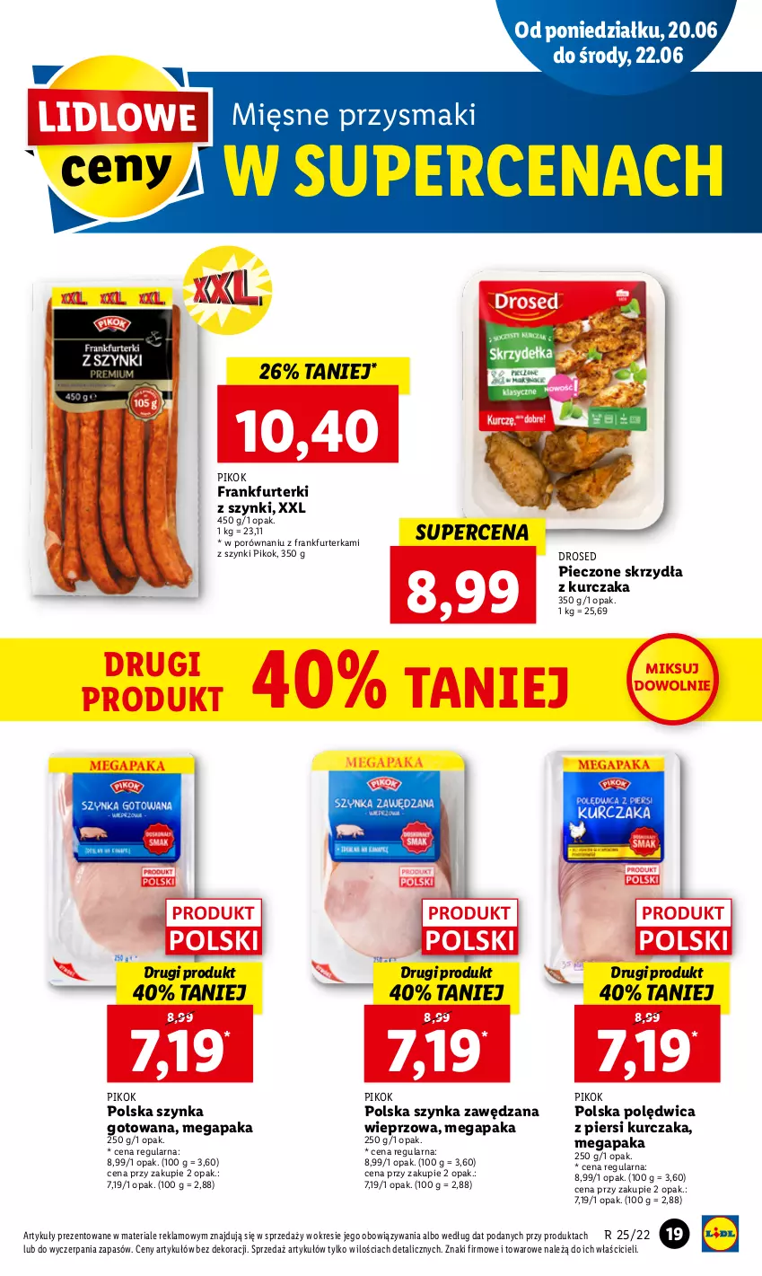 Gazetka promocyjna Lidl - GAZETKA - ważna 20.06 do 22.06.2022 - strona 19 - produkty: Frankfurterki, Kurczak, Piec, PIKOK, Polędwica, Por, Przysmaki, Szynka