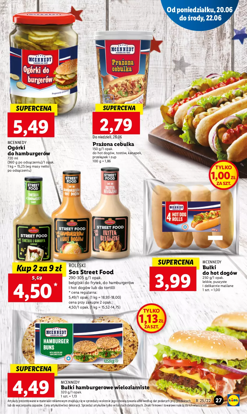 Gazetka promocyjna Lidl - GAZETKA - ważna 20.06 do 22.06.2022 - strona 27 - produkty: Bułki do hot dogów, Burger, Hamburger, Hot dog, LG, Sos