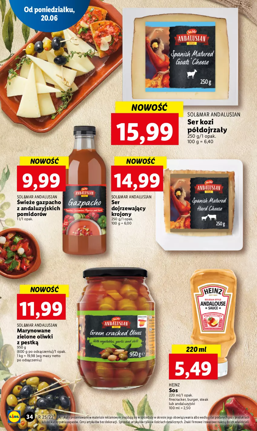 Gazetka promocyjna Lidl - GAZETKA - ważna 20.06 do 22.06.2022 - strona 34 - produkty: Burger, Heinz, Oliwki, Ser, Ser kozi, Sos