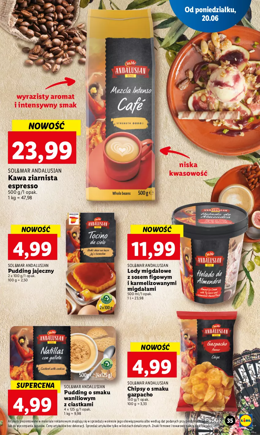 Gazetka promocyjna Lidl - GAZETKA - ważna 20.06 do 22.06.2022 - strona 35 - produkty: Chipsy, Ciastka, Kawa, Kawa ziarnista, Lody, Pudding, Sos