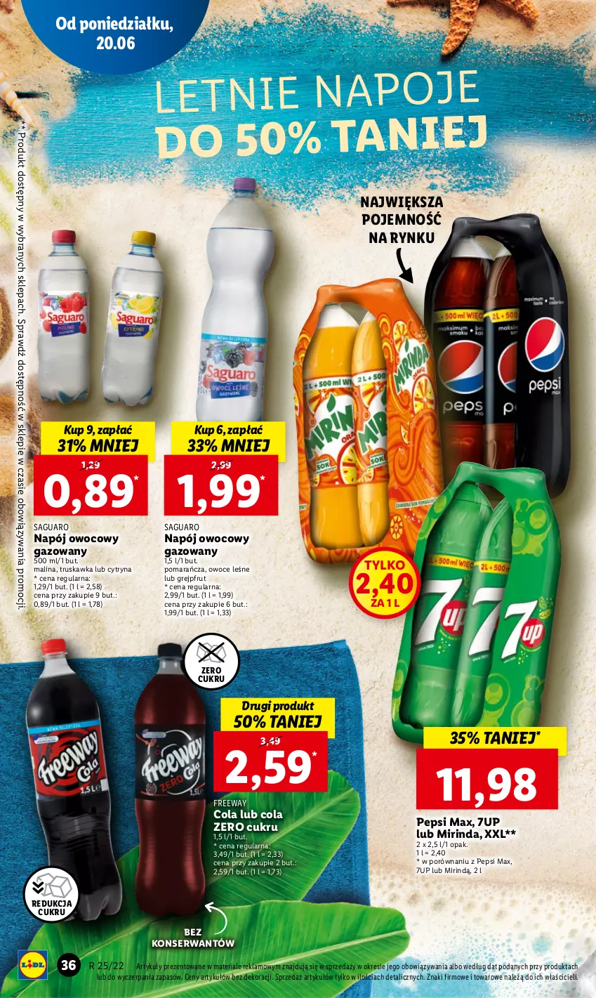 Gazetka promocyjna Lidl - GAZETKA - ważna 20.06 do 22.06.2022 - strona 36 - produkty: 7up, Grejpfrut, Mirinda, Napój, Napoje, Owoce, Pepsi, Pepsi max, Por, Ser