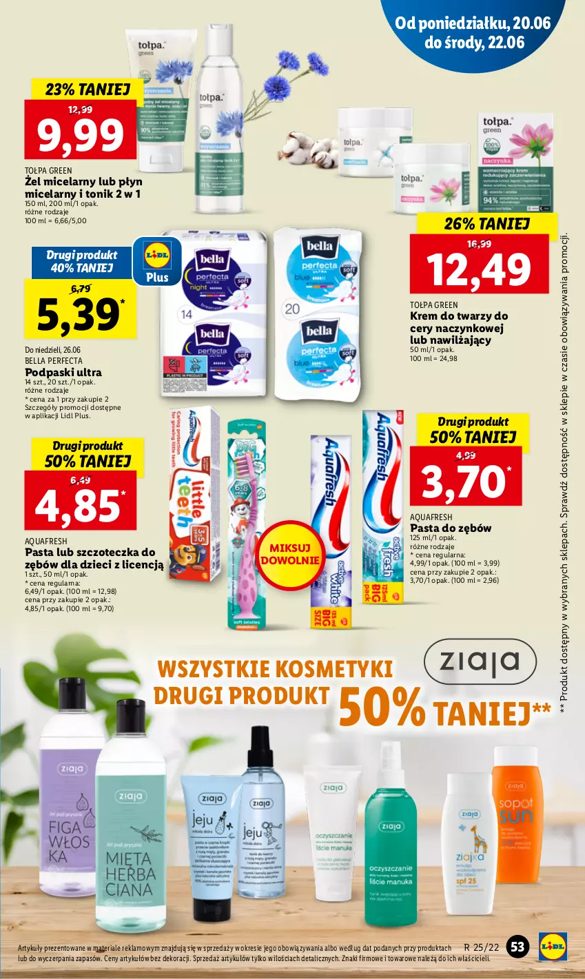 Gazetka promocyjna Lidl - GAZETKA - ważna 20.06 do 22.06.2022 - strona 53 - produkty: Aquafresh, Bell, Bella, Dzieci, Krem do twarzy, Pasta do zębów, Perfecta, Płyn micelarny, Podpaski, Szczoteczka, Szczoteczka do zębów, Tołpa, Tonik