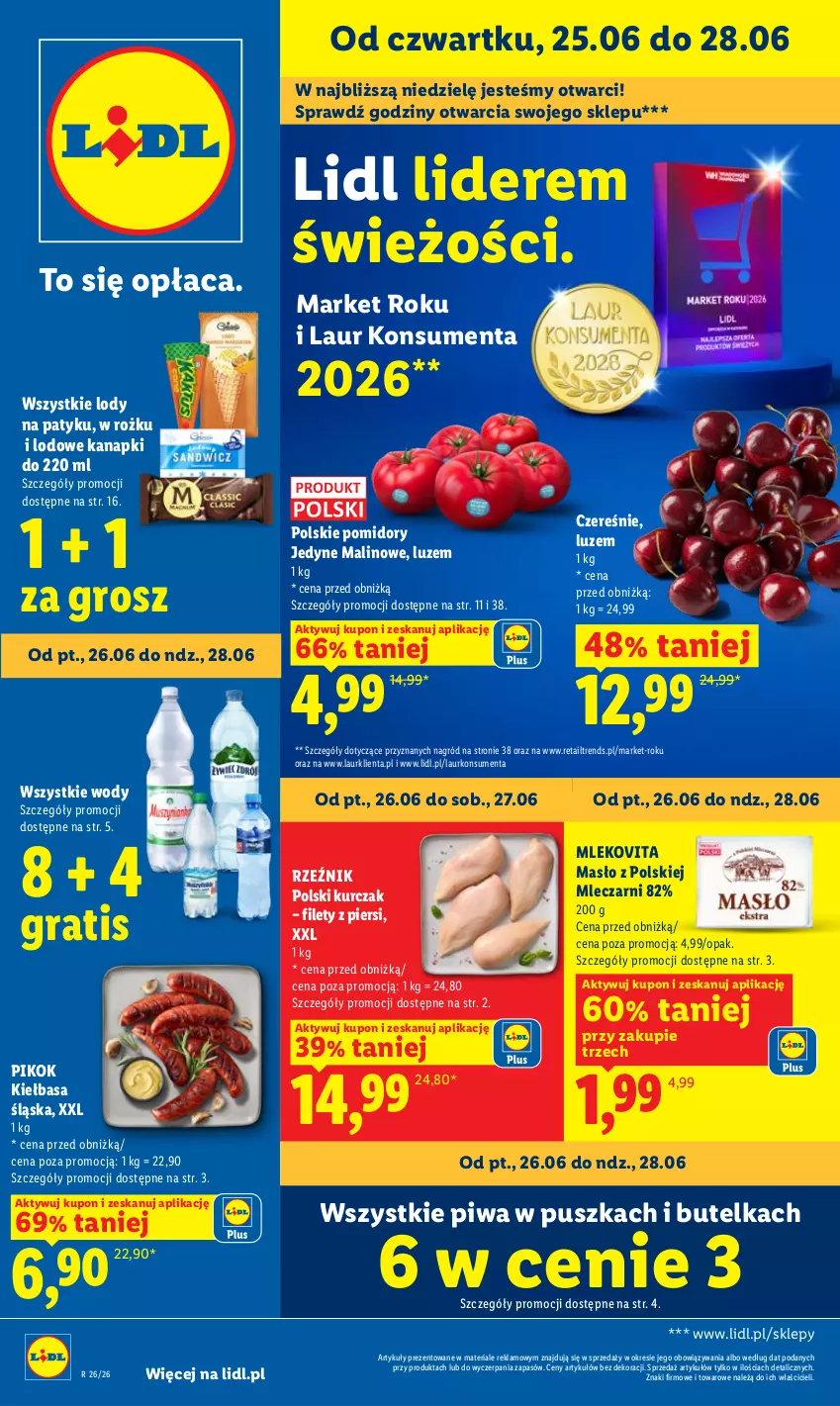 Gazetka promocyjna Lidl - Gazetka ważna od 25.06 do 28.06 - ważna 25.06 do 28.06.2026 - strona 1 - produkty: Gra, JBL, Kiełbasa, Kiełbasa śląska, Kurczak, Laur, Lody, Masło, Mleko, Mlekovita, PIKOK, Piwa, Pomidory