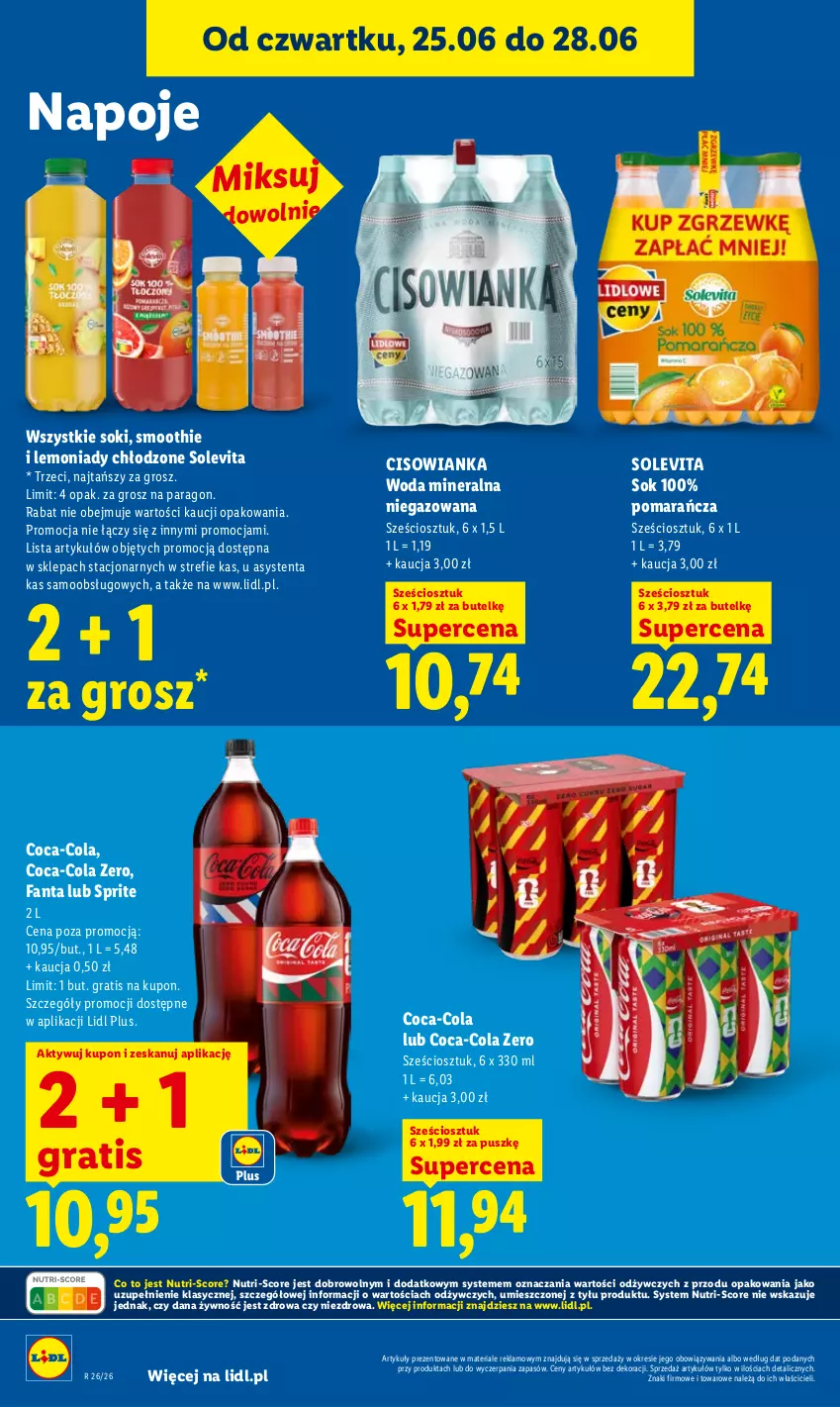 Gazetka promocyjna Lidl - Gazetka ważna od 25.06 do 28.06 - ważna 25.06 do 28.06.2026 - strona 70 - produkty: Cisowianka, Coca-Cola, Fa, Fanta, Gra, Napoje, Smoothie, Sok, Sprite, Woda, Woda mineralna