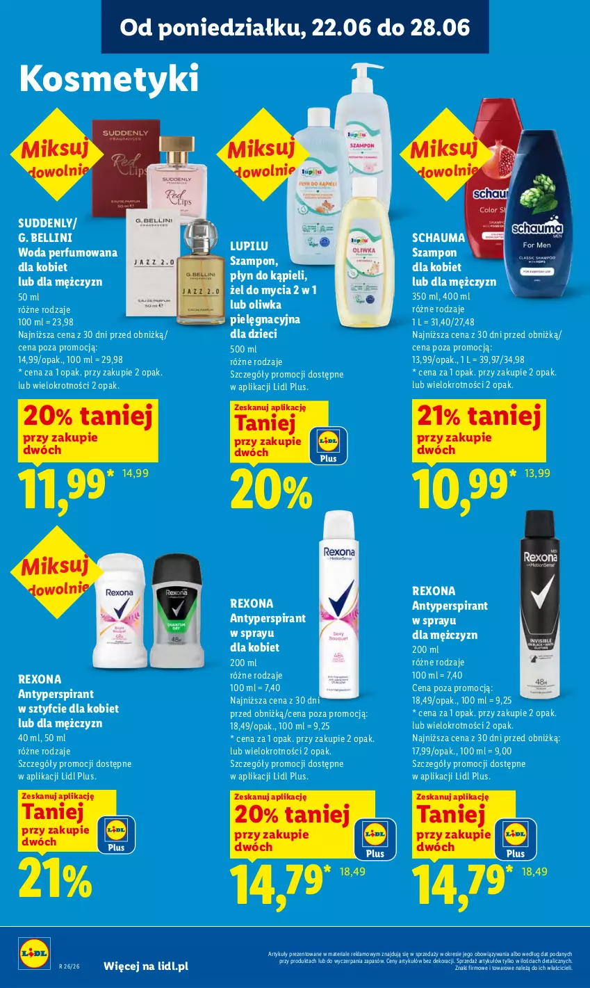 Gazetka promocyjna Lidl - Gazetka ważna od 25.06 do 28.06 - ważna 25.06 do 28.06.2026 - strona 90 - produkty: Antyperspirant, Bell, Dzieci, Perfum, Płyn do kąpieli, Rexona, Schauma, Szampon, Woda, Woda perfumowana
