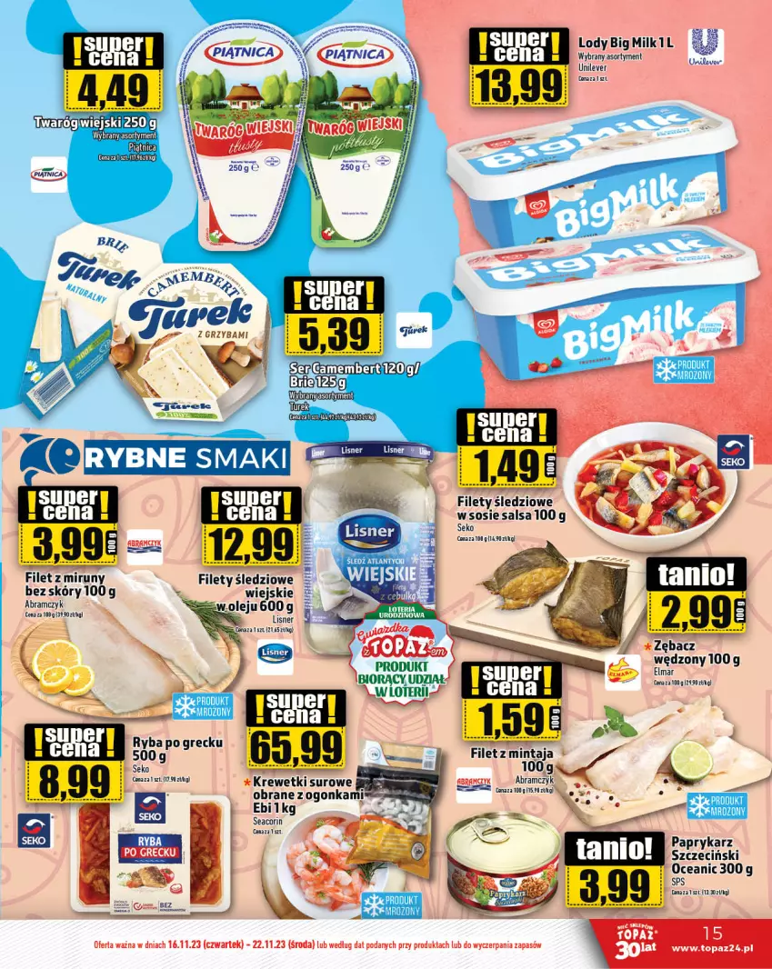 Gazetka promocyjna Topaz - Gazetka - ważna 16.11 do 22.11.2023 - strona 15 - produkty: Camembert, Lisner, Lody, Mintaj, Olej, Papryka, Paprykarz, Salsa, SEKO, Ser, Top