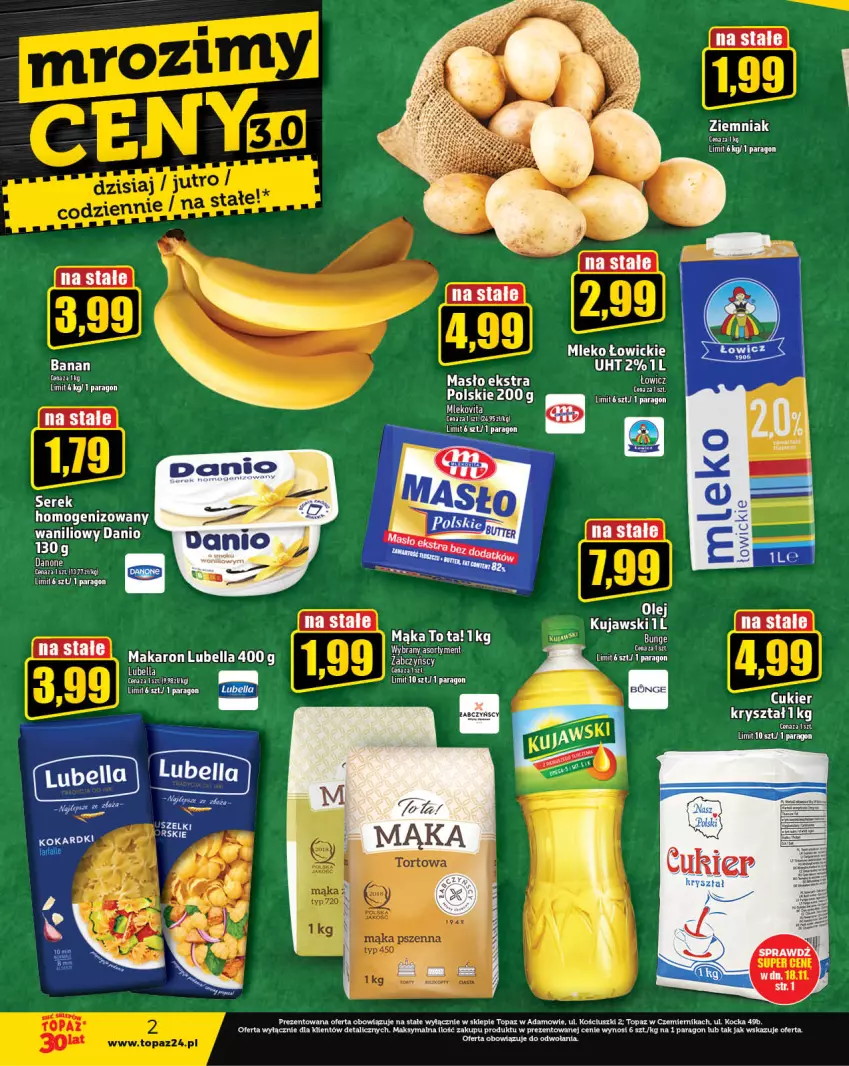 Gazetka promocyjna Topaz - Gazetka - ważna 16.11 do 22.11.2023 - strona 2 - produkty: Bell, Bella, Cukier, Danio, Danone, Koc, Kujawski, Lubella, Mąka, Makaron, Masło, Mleko, Top