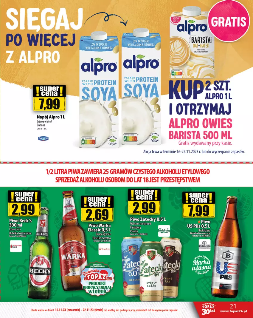 Gazetka promocyjna Topaz - Gazetka - ważna 16.11 do 22.11.2023 - strona 21 - produkty: Alpro, Fa, Gra, Napój, Piwa, Top