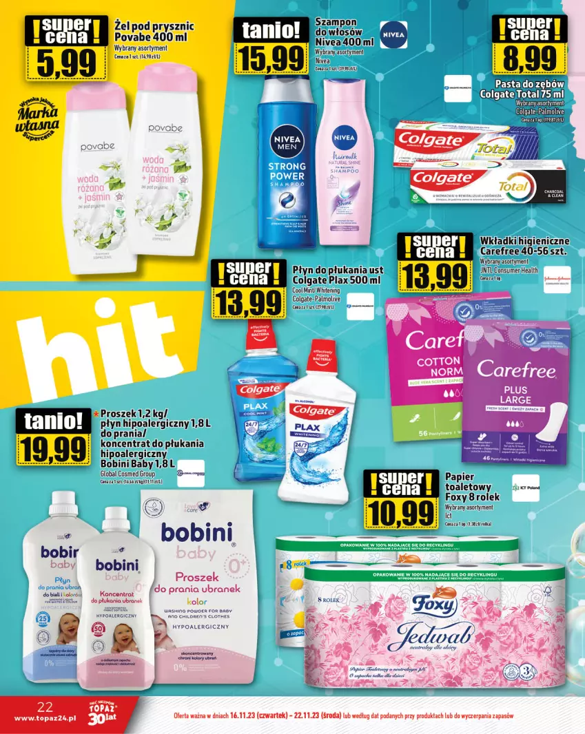 Gazetka promocyjna Topaz - Gazetka - ważna 16.11 do 22.11.2023 - strona 22 - produkty: Carefree, Colgate, Fa, Gry, LG, Nivea, Palmolive, Papier, Papier toaletowy, Płyn do płukania, Por, Szampon, Top, Wino, Wkładki