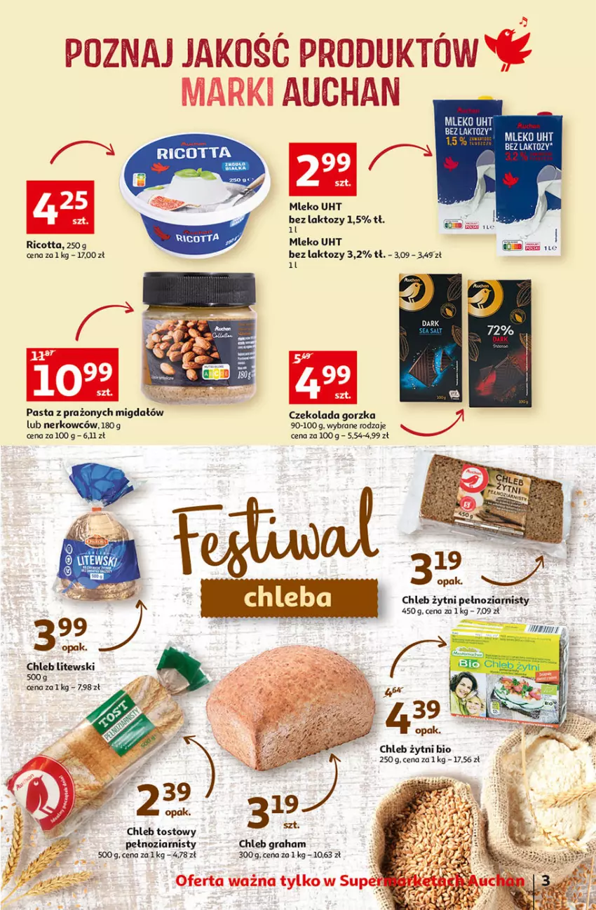 Gazetka promocyjna Auchan - przeNISKIE CENY PRODUKTY przeEKOLOGICZNE Supermarkety - ważna 02.06 do 08.06.2022 - strona 3 - produkty: Chleb, Chleb tostowy, Czekolada, Czekolada gorzka, Gra, Mleko, Ricotta