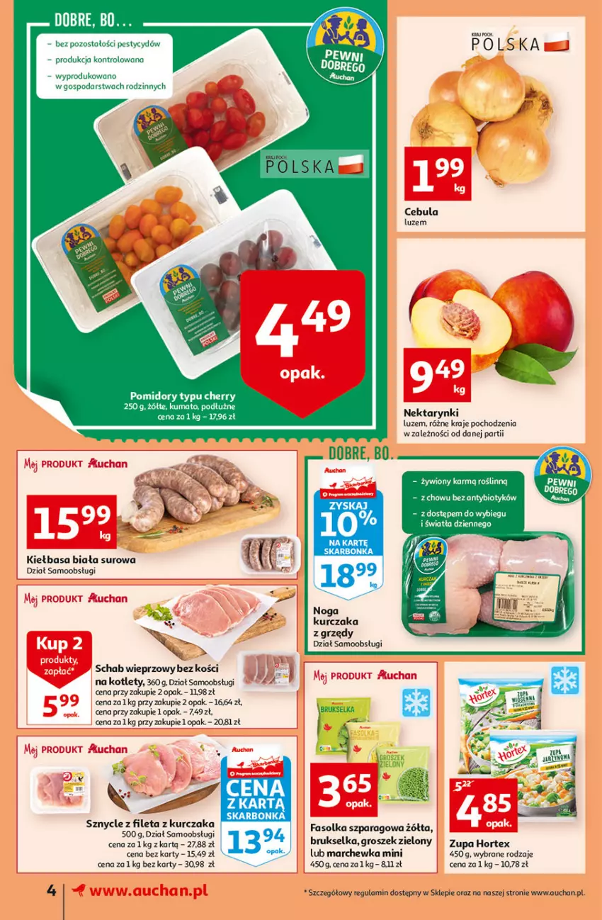 Gazetka promocyjna Auchan - przeNISKIE CENY PRODUKTY przeEKOLOGICZNE Supermarkety - ważna 02.06 do 08.06.2022 - strona 4 - produkty: Brukselka, Cebula, Fa, Groszek, Hortex, Kiełbasa, Kiełbasa biała, Kotlet, Kurczak, Marchewka, Nektar, Schab wieprzowy, Zupa