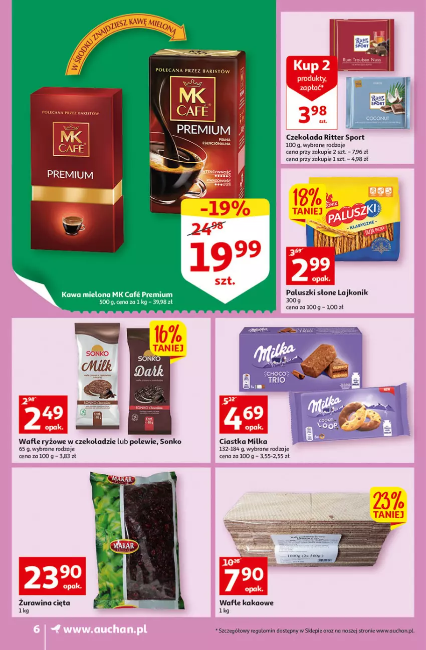 Gazetka promocyjna Auchan - przeNISKIE CENY PRODUKTY przeEKOLOGICZNE Supermarkety - ważna 02.06 do 08.06.2022 - strona 6 - produkty: Ciastka, Czekolada, Kakao, Lajkonik, Milka, Por, Ritter Sport, Ryż, Sonko, Sport, Wafle