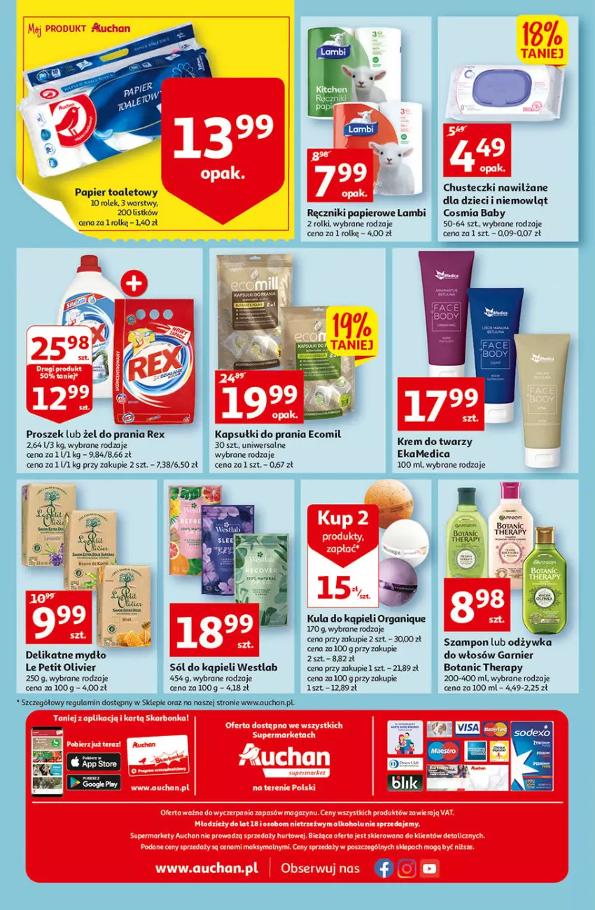 Gazetka promocyjna Auchan - przeNISKIE CENY PRODUKTY przeEKOLOGICZNE Supermarkety - ważna 02.06 do 08.06.2022 - strona 8 - produkty: Chusteczki, Dzieci, Garnier, Kapsułki do prania, Krem do twarzy, Kula do kąpieli, Mydło, Papier, Papier toaletowy, Ręcznik, Ręczniki papierowe, Rolki, Sól, Sól do kąpieli