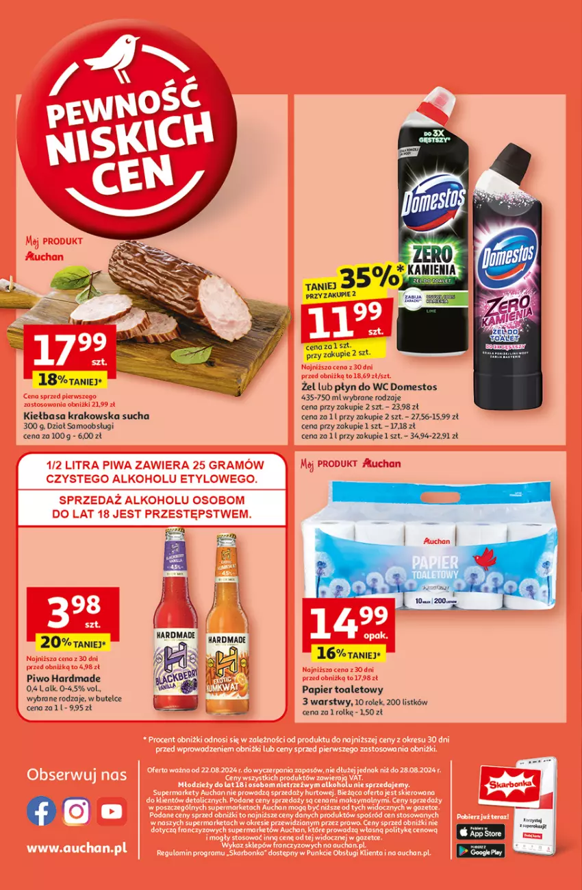 Gazetka promocyjna Auchan - Gazetka Pewność Niskich Cen Supermarket Auchan - ważna 22.08 do 28.08.2024 - strona 10 - produkty: Domestos, Kiełbasa, Kiełbasa krakowska, Papier, Papier toaletowy, Piwo, Płyn do wc