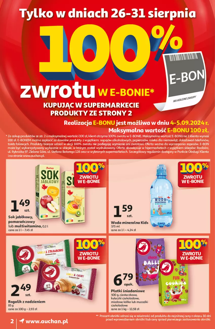 Gazetka promocyjna Auchan - Gazetka Pewność Niskich Cen Supermarket Auchan - ważna 22.08 do 28.08.2024 - strona 2 - produkty: Danio, Mus, Rogal, Sok, Sok jabłkowy, Woda, Woda mineralna