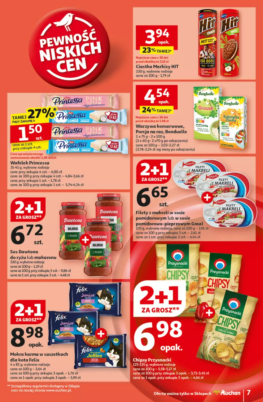 Gazetka promocyjna Auchan - Gazetka Pewność Niskich Cen Supermarket Auchan - ważna 22.08 do 28.08.2024 - strona 9 - produkty: Bonduelle, Ciastka, Dawtona, Fa, Felix, Gra, Graal, Makaron, Mokra karma, Pieprz, Por, Princessa, Ryż, Ser, Sos, Wafelek, Warzywa, Warzywa konserwowe