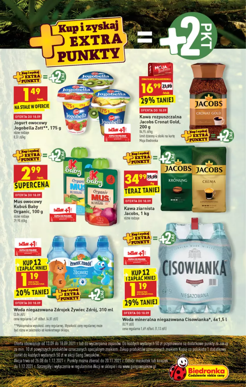 Gazetka promocyjna Biedronka - W tym tygodniu - ważna 16.09 do 22.09.2021 - strona 13 - produkty: Baby O, Bell, Bella, Cisowianka, Dron, Jacobs, Jogobella, Jogurt, Jogurt owocowy, Kawa, Kawa rozpuszczalna, Kawa ziarnista, Kret, Kubuś, Mus, Tera, Woda, Woda mineralna, Zott