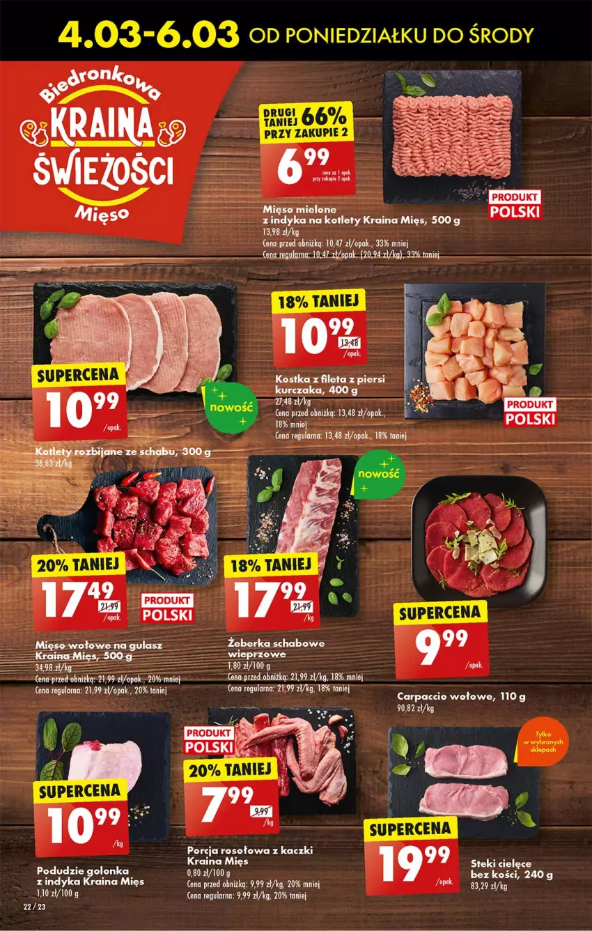 Gazetka promocyjna Biedronka - Od poniedzialku - ważna 04.03 do 09.03.2024 - strona 26 - produkty: Carpaccio, Kotlet, Kurczak, Mięso, Mięso wołowe, Por, Stek