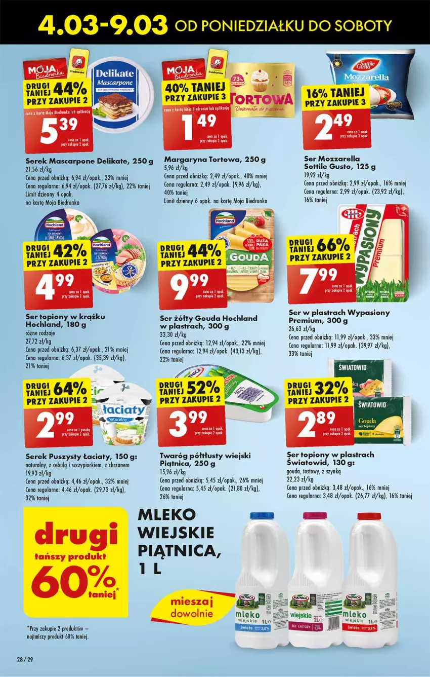 Gazetka promocyjna Biedronka - Od poniedzialku - ważna 04.03 do 09.03.2024 - strona 34 - produkty: Chrzan, Dron, Fa, Gouda, Hochland, Koc, Leon, Margaryna, Mascarpone, Mleko, Mozzarella, Piątnica, Ser, Ser topiony, Serek, Serek puszysty, Top, Twaróg, Twaróg półtłusty