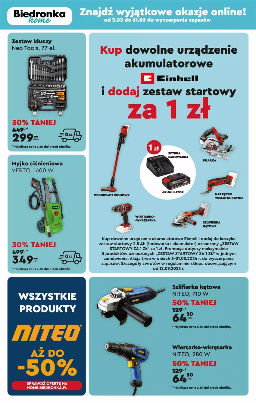 Gazetka promocyjna Biedronka - Od poniedzialku - ważna 04.03 do 09.03.2024 - strona 66 - produkty: Akumulator, Dron, Einhell, Kosz, Myjka ciśnieniowa, Szlifierka, Szlifierka kątowa, Tarka, Warka, Wkręt, Wkrętarka, Zestaw kluczy