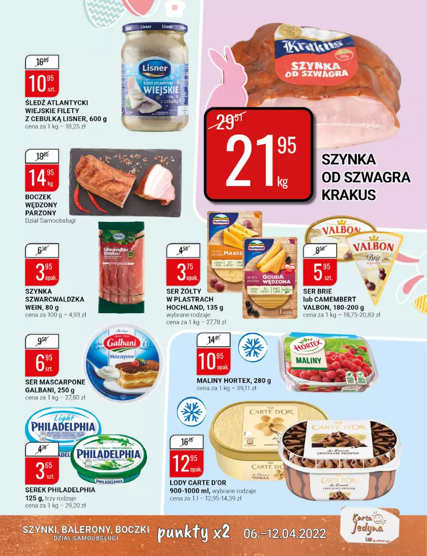 Gazetka promocyjna Bi1 - Wielkanoc pełna smaku - ważna 06.04 do 12.04.2022 - strona 11 - produkty: Boczek, Brie, Camembert, Carte d'Or, Galbani, Gra, Hochland, Hortex, Krakus, Lisner, Lody, Maliny, Mascarpone, Philadelphia, Ser, Serek, Szynka