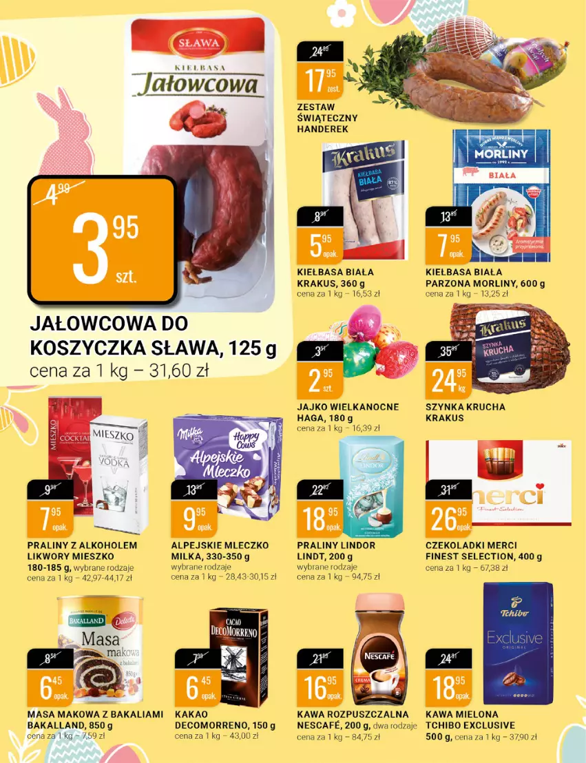 Gazetka promocyjna Bi1 - Wielkanoc pełna smaku - ważna 06.04 do 12.04.2022 - strona 2 - produkty: Alkohole, Bakalland, Kakao, Kawa, Kawa mielona, Kawa rozpuszczalna, Kiełbasa, Kiełbasa biała, Kosz, Krakus, Lindor, Lindt, Merci, Milka, Mleczko, Morliny, Praliny, Szynka, Tchibo