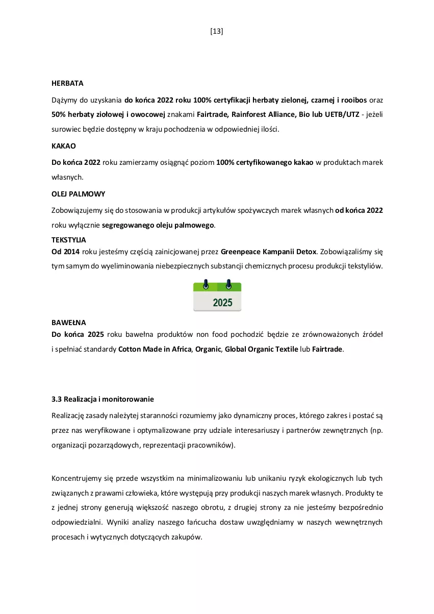 Gazetka promocyjna Lidl - Zasada należytej staranności w procesie zaopatrywania w towary - ważna 31.10.2019 do 31.12.2030 - strona 13 - produkty: Fa, Herbata, Kakao, Monitor, Olej, Piec, Wełna