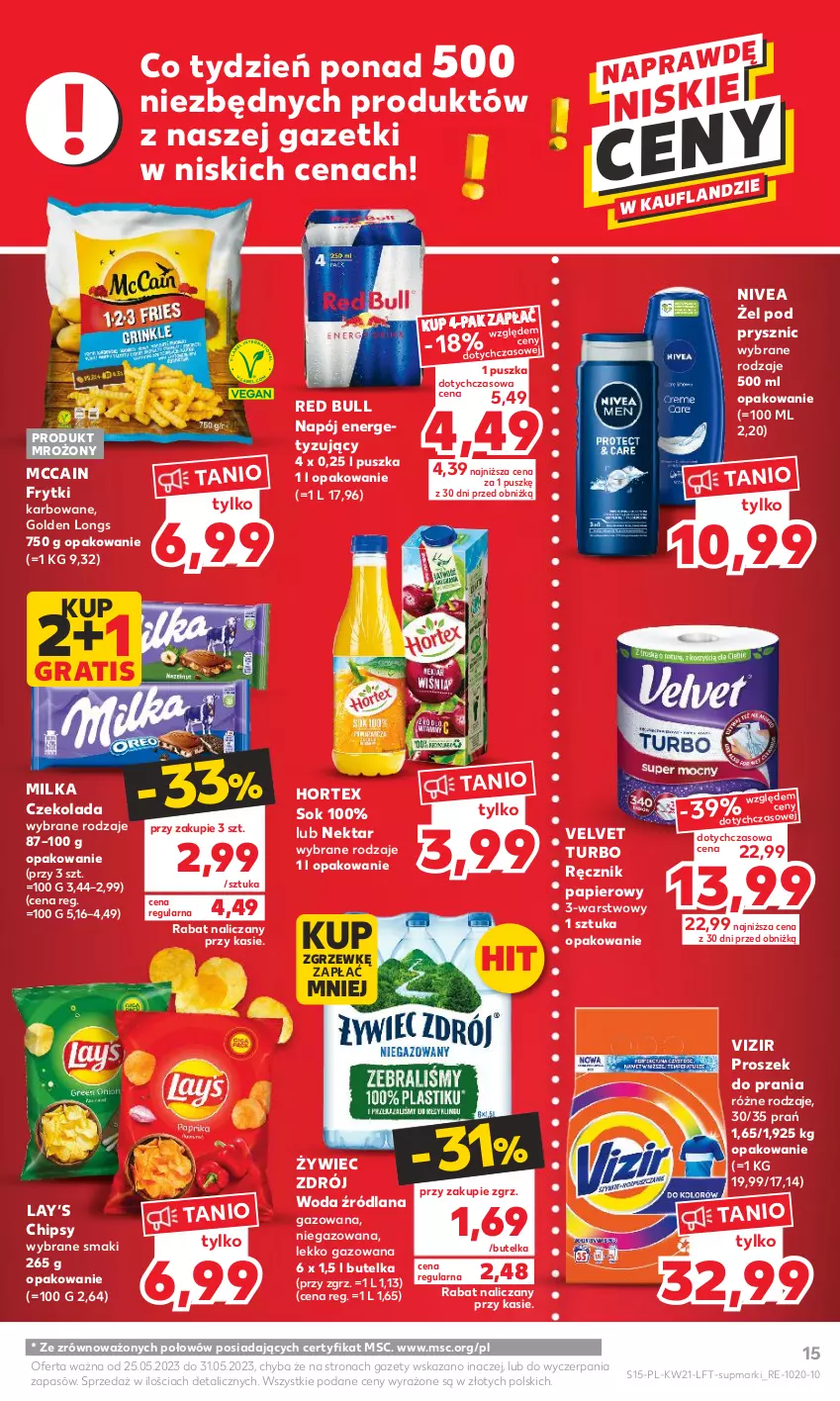 Gazetka promocyjna Kaufland - Gazetka tygodnia - ważna 25.05 do 31.05.2023 - strona 15 - produkty: Chipsy, Czekolada, Frytki, Gra, Hortex, LANA, Lay’s, McCain, Milka, Napój, Nektar, Nivea, Papier, Proszek do prania, Ręcznik, Red Bull, Sok, Velvet, Vizir, Woda