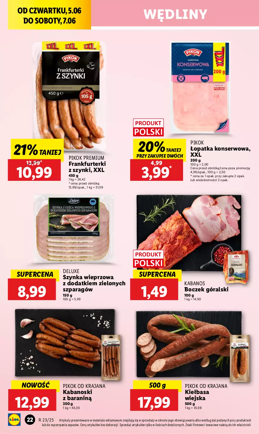 Gazetka promocyjna Lidl - GAZETKA - ważna 05.06 do 07.06.2025 - strona 26 - produkty: Boczek, Frankfurterki, Kabanos, Kiełbasa, Kiełbasa wiejska, PIKOK, Ser, Szynka, Szynka wieprzowa