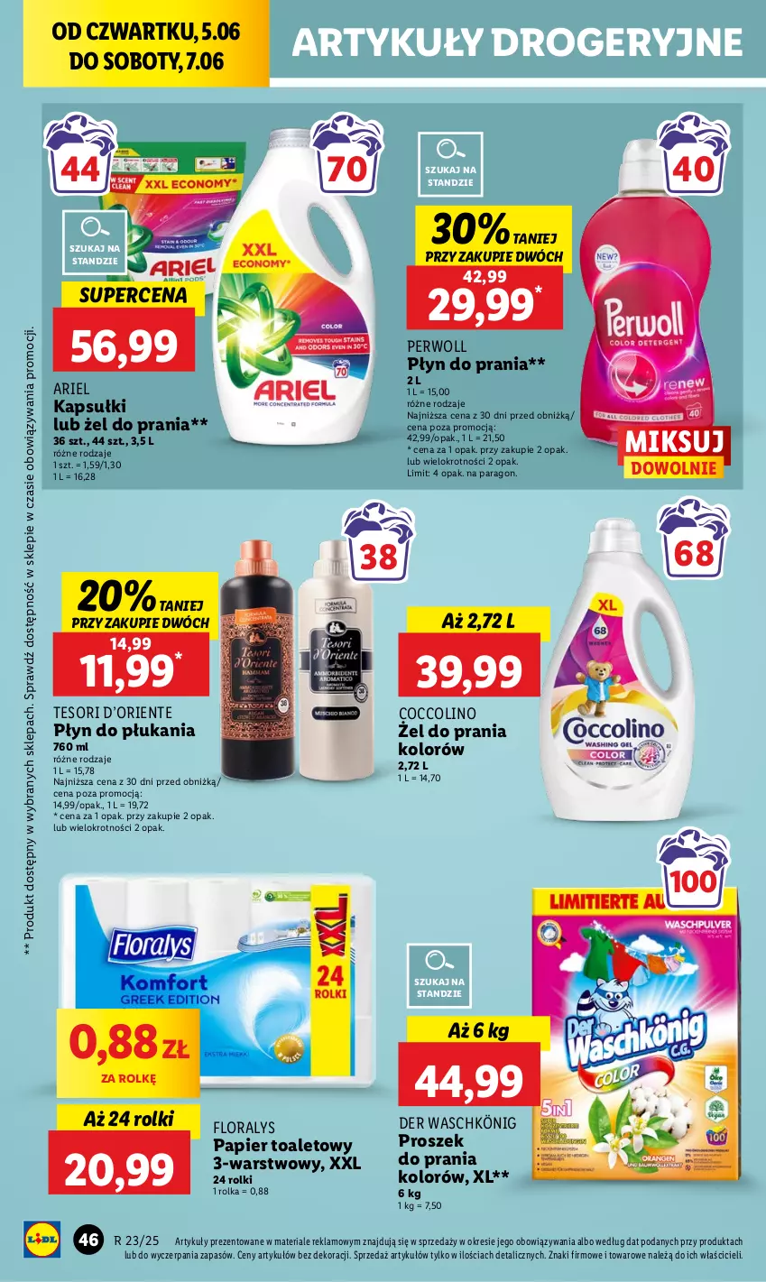 Gazetka promocyjna Lidl - GAZETKA - ważna 05.06 do 07.06.2025 - strona 56 - produkty: Ariel, Coccolino, Flora, König, Papier, Papier toaletowy, Perwoll, Płyn do płukania, Płyn do prania, Proszek do prania, Rolki