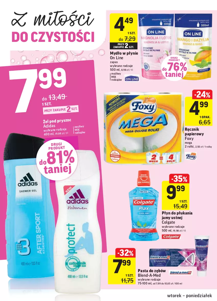 Gazetka promocyjna Intermarche - Okazje tygodnia - ważna 09.02 do 15.02.2021 - strona 34 - produkty: Adidas, Blend-a-Med, Colgate, Foxy, LG, Mydło, Mydło w płynie, Papier, Pasta do zębów, Płyn do płukania, Płyn do płukania jamy ustnej, Ręcznik, Rolki