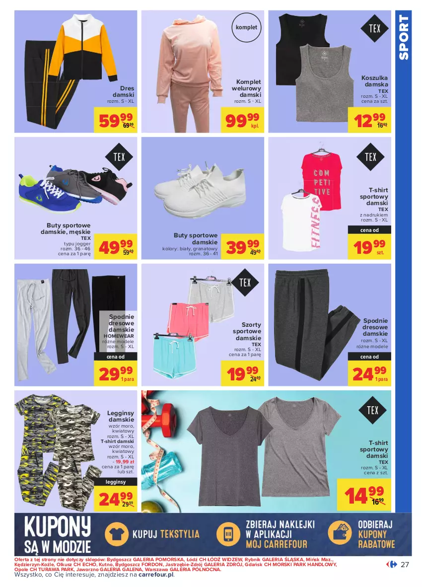 Gazetka promocyjna Carrefour - Gazetka Carrefour - ważna 05.04 do 17.04.2021 - strona 27 - produkty: Buty, Dres, Gin, Gra, Granat, Kosz, Koszulka, Legginsy, Por, Spodnie, Spodnie dresowe, Sport, Szorty, T-shirt