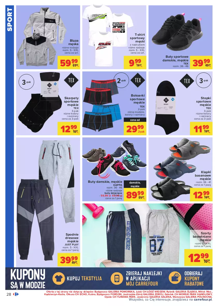 Gazetka promocyjna Carrefour - Gazetka Carrefour - ważna 05.04 do 17.04.2021 - strona 28 - produkty: Bluza, Bokserki, Buty, Dres, Dzieci, Karp, Klapki, Por, Ser, Spodnie, Spodnie dresowe, Sport, Stopki sportowe, Szorty, T-shirt, Top