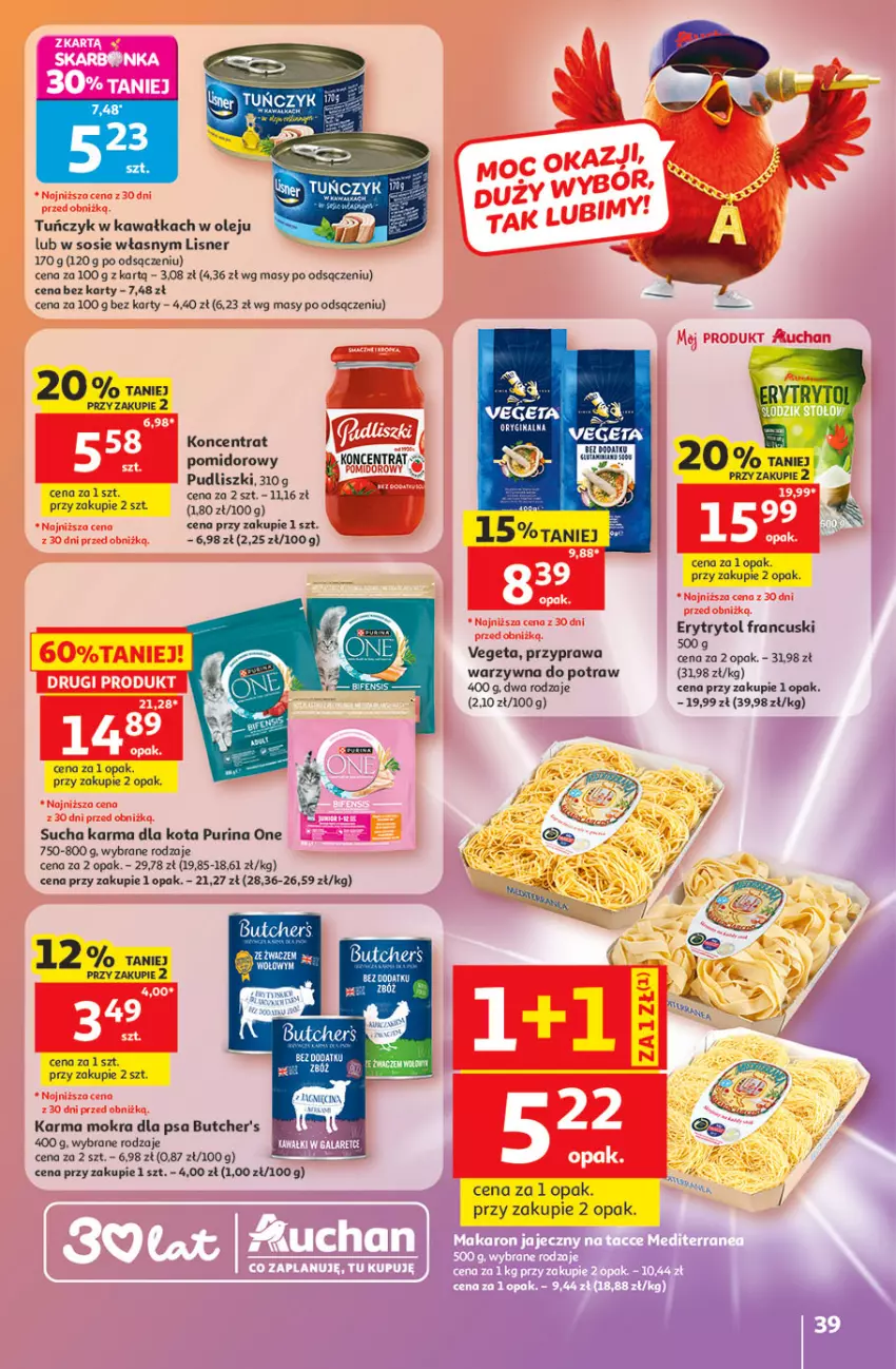 Gazetka promocyjna Auchan - Gazetka 30 Lat Hipermarket Auchan - ważna 21.05 do 27.05.2026 - strona 39 - produkty: Butcher's, Fa, Kawa, Koncentrat pomidorowy, Lisner, Olej, Przyprawa warzywna do potraw, Pudliszki, Pur, Purina, Sos, Sucha karma, Tuńczyk, Vegeta