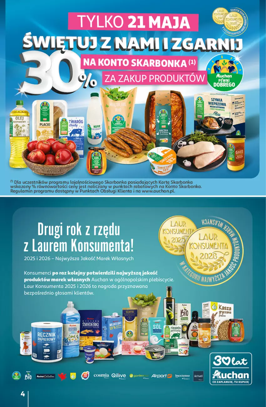 Gazetka promocyjna Auchan - Gazetka 30 Lat Hipermarket Auchan - ważna 21.05 do 27.05.2026 - strona 4 - produkty: Kaczka, Laur, Olej, Ręcznik, Twaróg