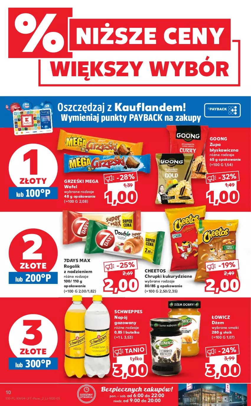 Gazetka promocyjna Kaufland - OFERTA TYGODNIA - ważna 27.01 do 02.02.2022 - strona 10 - produkty: Cheetos, Chrupki, Dżem, Grześki, Napój, Napój gazowany, Piec, Rogal, Schweppes, Zupa