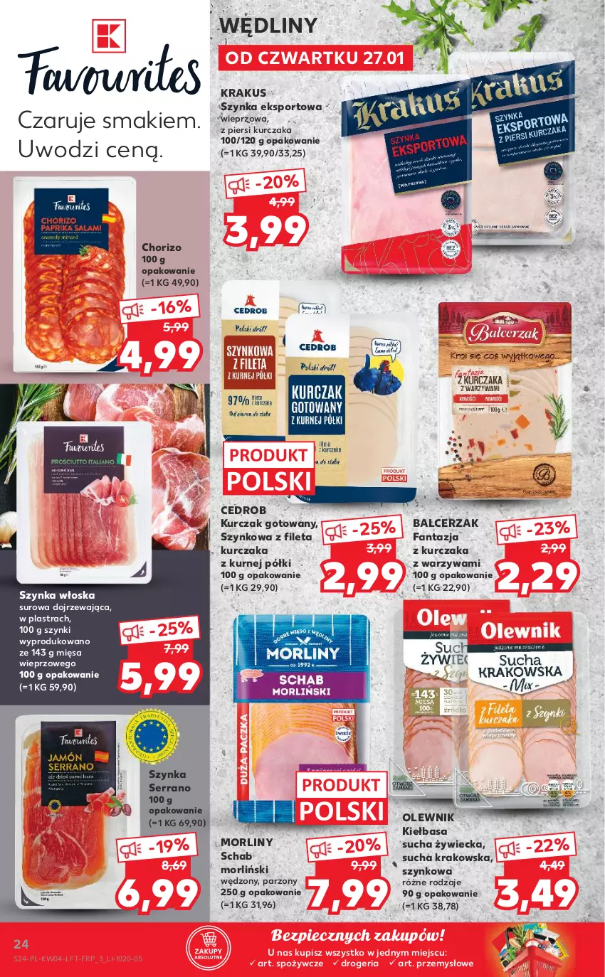 Gazetka promocyjna Kaufland - OFERTA TYGODNIA - ważna 27.01 do 02.02.2022 - strona 24 - produkty: Fa, Fanta, Kiełbasa, Krakus, Kurczak, Kurczak gotowany, Morliny, Olewnik, Piec, Por, Ser, Sport, Szynka, Warzywa