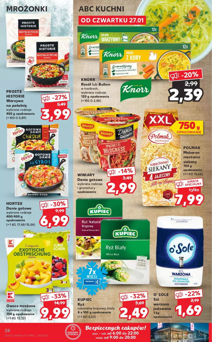 Gazetka promocyjna Kaufland - OFERTA TYGODNIA - ważna 27.01 do 02.02.2022 - strona 28 - produkty: Bulion, Danie gotowe, Gra, Hortex, Knorr, Kupiec, Lion, Makaron, Olma, Owoce, Piec, Rama, Rosół, Ryż, Sól, Warzywa, Winiary