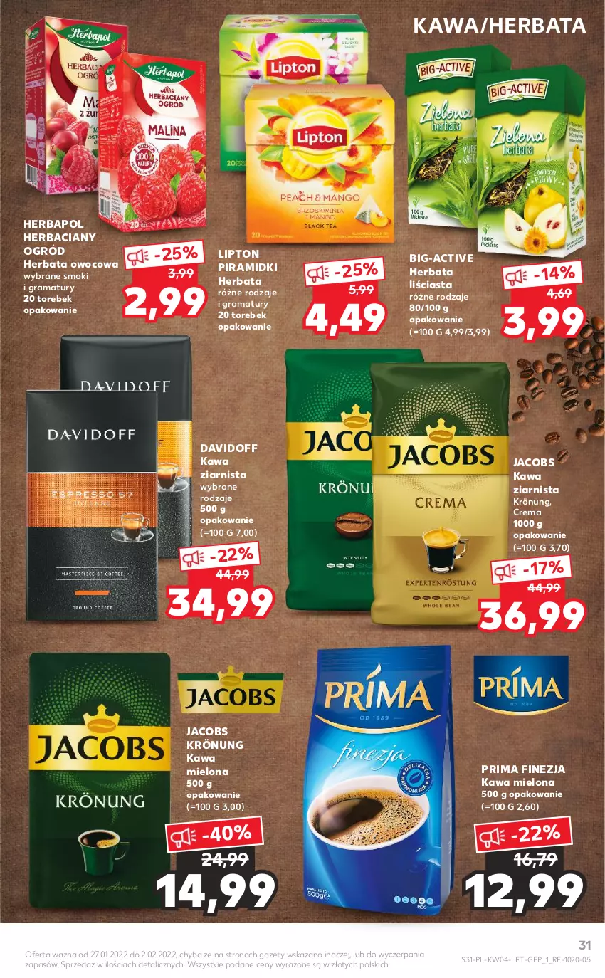 Gazetka promocyjna Kaufland - OFERTA TYGODNIA - ważna 27.01 do 02.02.2022 - strona 31 - produkty: Davidoff, Gra, Herbapol, Herbata, Herbata owocowa, Jacobs, Jacobs Krönung, Kawa, Kawa mielona, Kawa ziarnista, Lipton, Ogród, Prima, Rama