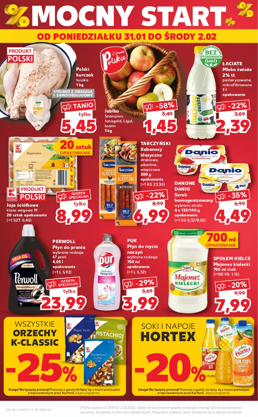 Gazetka promocyjna Kaufland - OFERTA TYGODNIA - ważna 27.01 do 02.02.2022 - strona 54 - produkty: Danio, Danone, Do mycia naczyń, Hortex, Jabłka, Jaja, Jonagold, Kabanos, Kurczak, Ligol, Majonez, Mleko, Napoje, Perwoll, Płyn do mycia, Płyn do mycia naczyń, Płyn do prania, Pur, Ser, Serek, Serek homogenizowany, Sok, Szampion, Tarczyński, Tusz, Waga