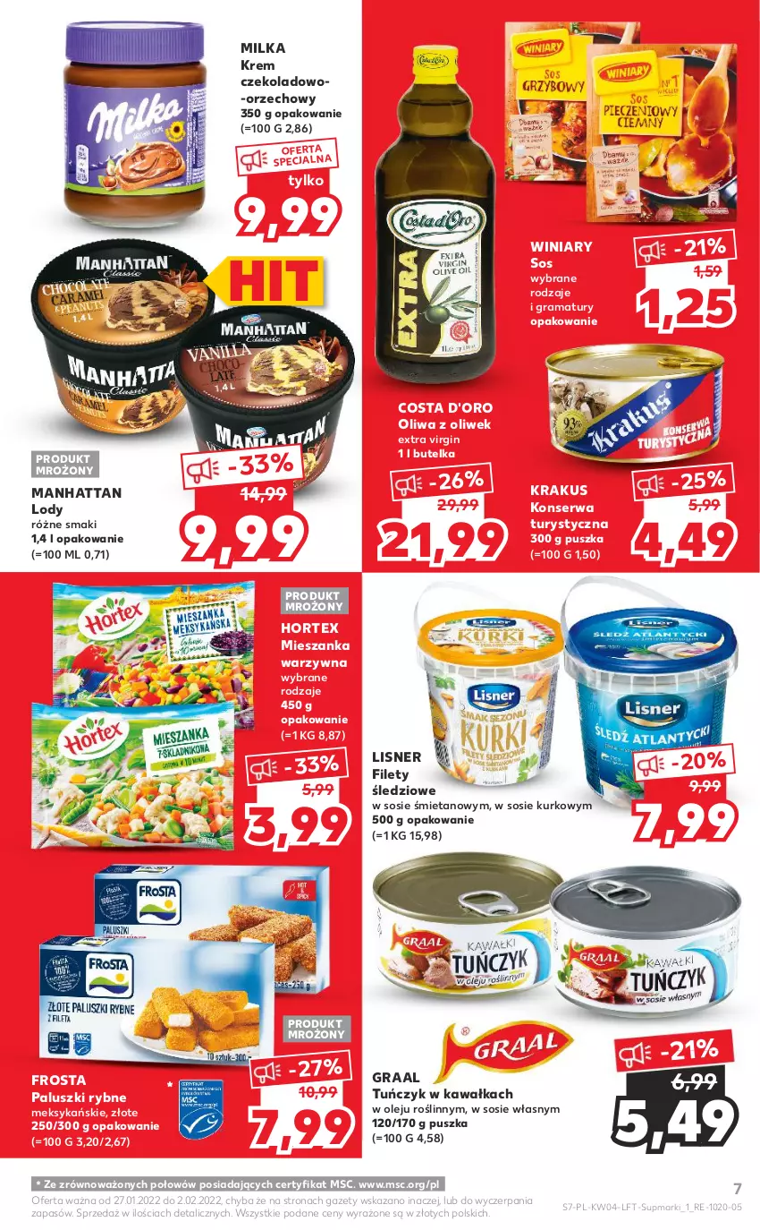 Gazetka promocyjna Kaufland - OFERTA TYGODNIA - ważna 27.01 do 02.02.2022 - strona 7 - produkty: Costa d'Oro, Frosta, Gin, Gra, Graal, Hortex, Kawa, Konserwa turystyczna, Krakus, Lisner, Lody, Mieszanka warzyw, Milka, Olej, Oliwa z oliwek, Paluszki rybne, Rama, Ser, Sos, Tuńczyk, Winiary