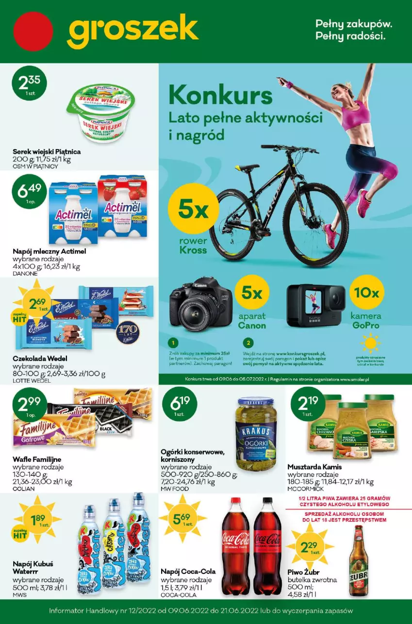 Gazetka promocyjna Groszek - ważna 25.05 do 07.06.2022 - strona 1 - produkty: Actimel, Canon, Coca-Cola, Czekolada, Danone, Fa, GoPro, Gra, Groszek, Kamera, Kamis, Koc, Korniszony, Kubuś, Kubuś Waterrr, Mola, Mus, Musztarda, Napój, Napój mleczny, Ogórki konserwowe, Piątnica, Piwa, Piwo, Rower, Ser, Serek, Serek wiejski, Wafle