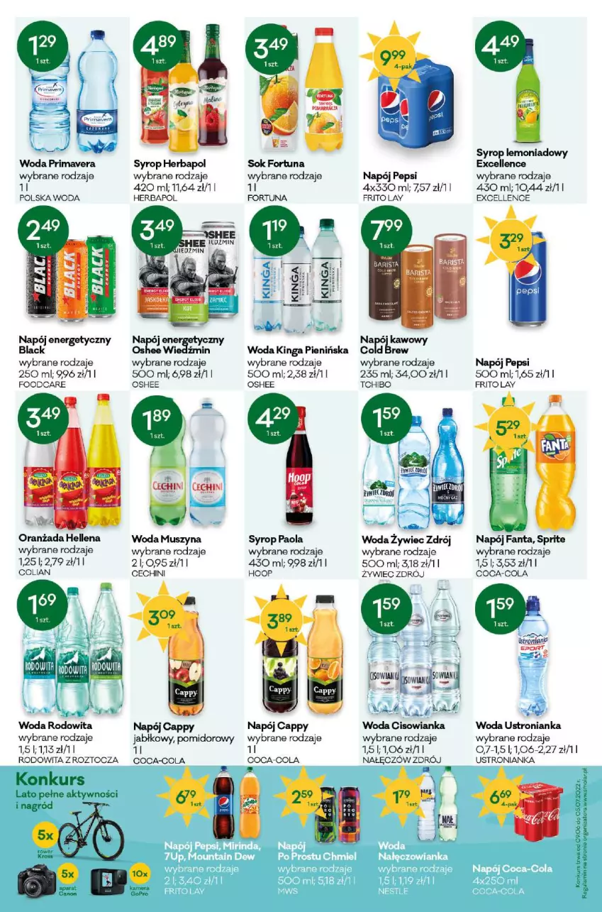 Gazetka promocyjna Groszek - ważna 25.05 do 07.06.2022 - strona 10 - produkty: Canon, Cappy, Cisowianka, Coca-Cola, Fa, Fanta, Fortuna, Hellena, Herbapol, Hoop, Mus, Napój, Oranżada, Oshee, Paola, Pepsi, Prima, Primavera, Rower, Sok, Sprite, Syrop, Szyna, Tchibo, Woda