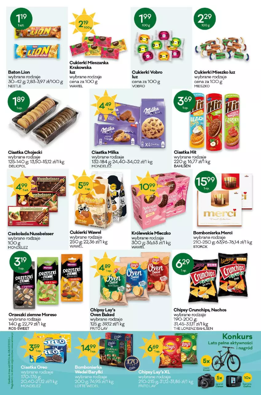 Gazetka promocyjna Groszek - ważna 25.05 do 07.06.2022 - strona 9 - produkty: Baton, Chipsy, Ciastka, Crunchips, Cukier, Cukierki, Czekolada, GoPro, Kamera, Królewski, Królewskie Mleczko, Lion, Lorenz, Merci, Milka, Mleczko, Mola, Orzeszki, Orzeszki ziemne, Ser, Wawel